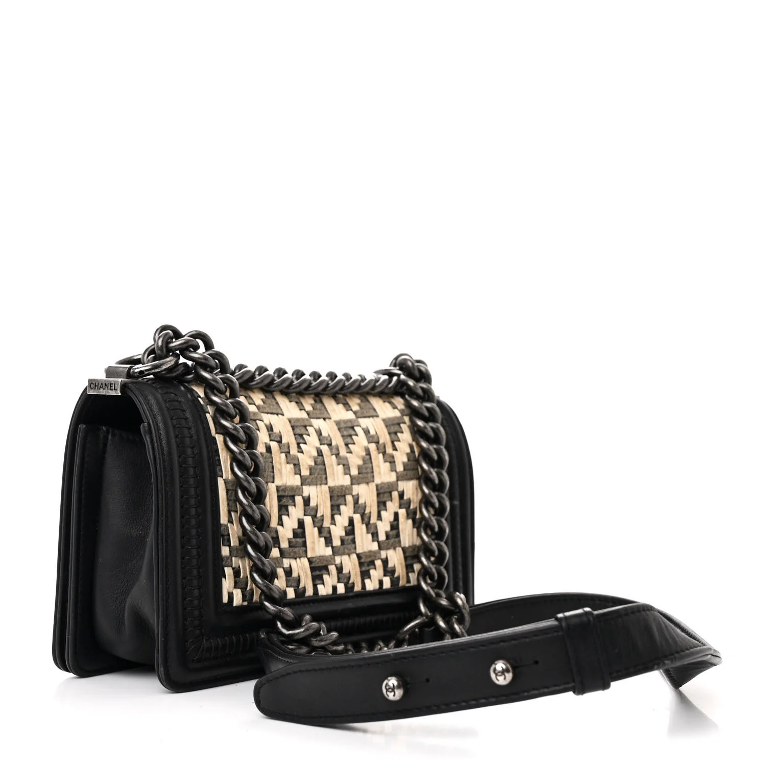 Calfskin Woven Small Boy Flap Black White - Top Club
