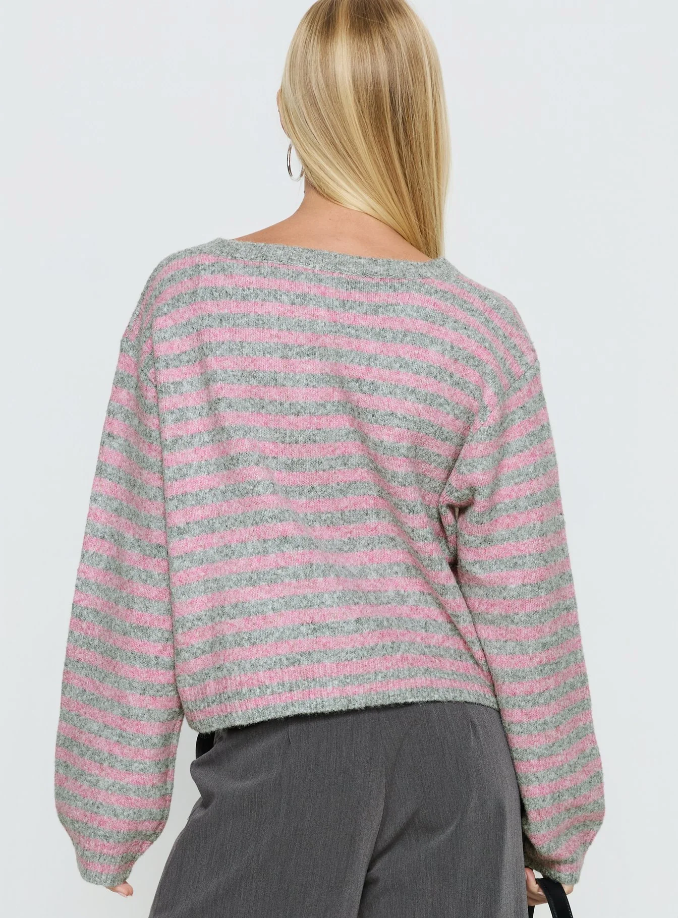 Raynna Button Up Cardigan Pink / Grey Stripe