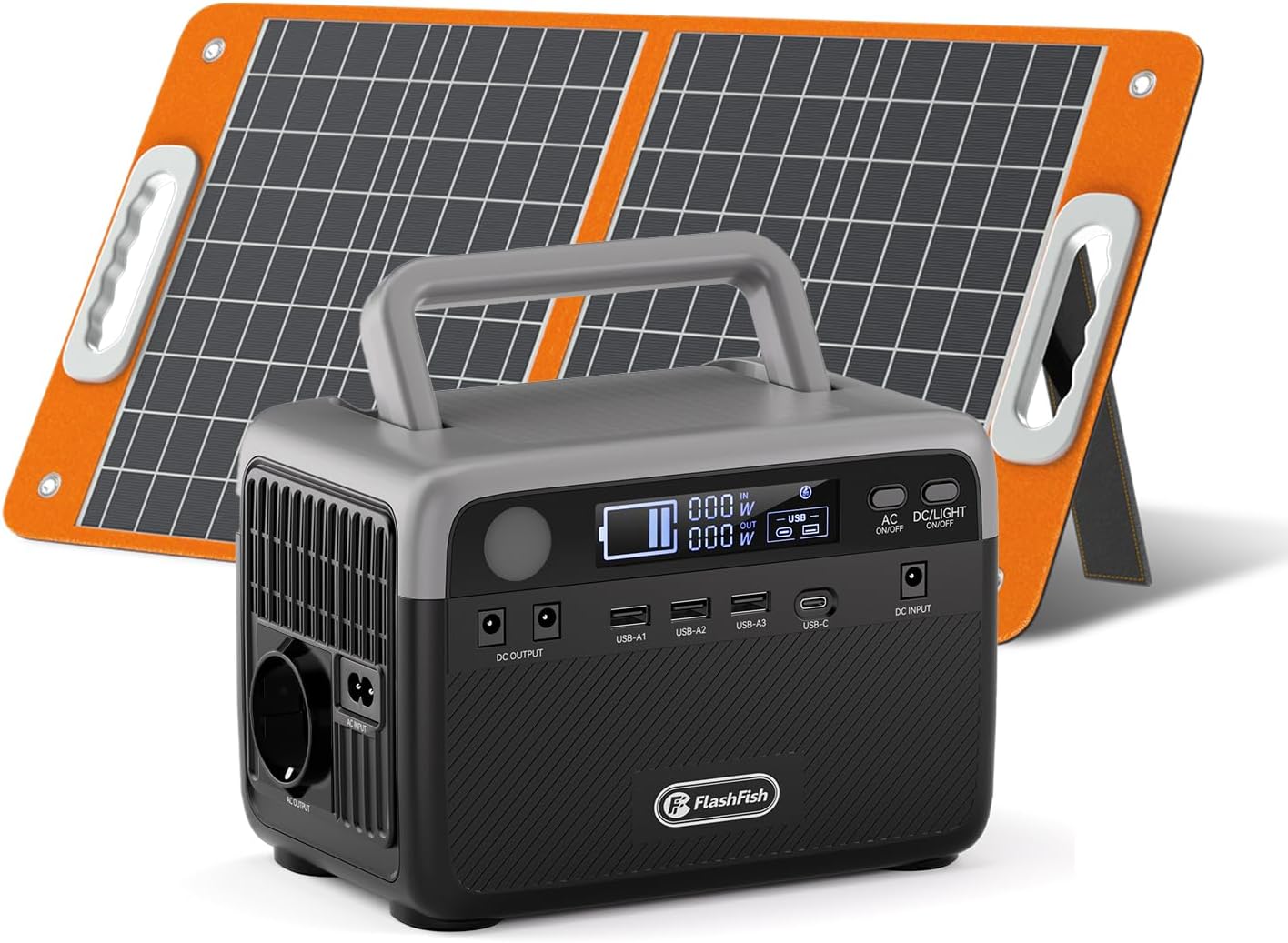 FlashFish - Power station portatile da 230,4 Wh con pannello solare da 60 W, batteria LiFePO4 da 300 W (punta 600 W) con 2 connettori DC, 4 porte USB, luci a LED, alimentazione mobile per campeggio