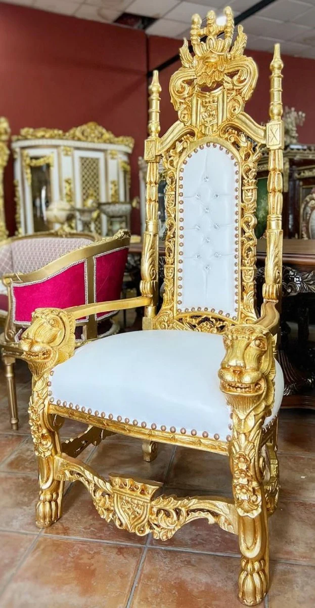 Baroque throne armchair with faux leather and rhinestones white / gold - handmade royal armchair - wedding armchair - giant armchair - magnificent baroque furniture