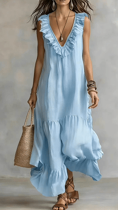 Women's Solid-Color Sleeveless Cotton-Linen V-Neck Flared Dress - Nordfashionstorm - Women's Clothing, Fashion for You - Nordfashionstorm.com