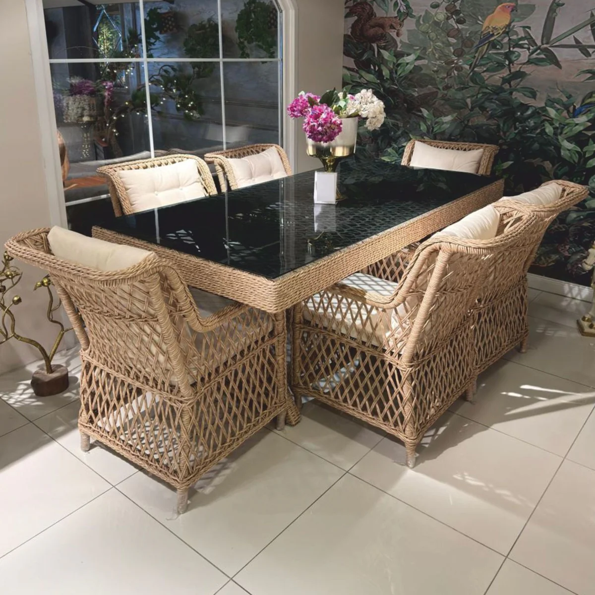 Luxury rattan garden dining table with glass top natural color / gray 200 cm