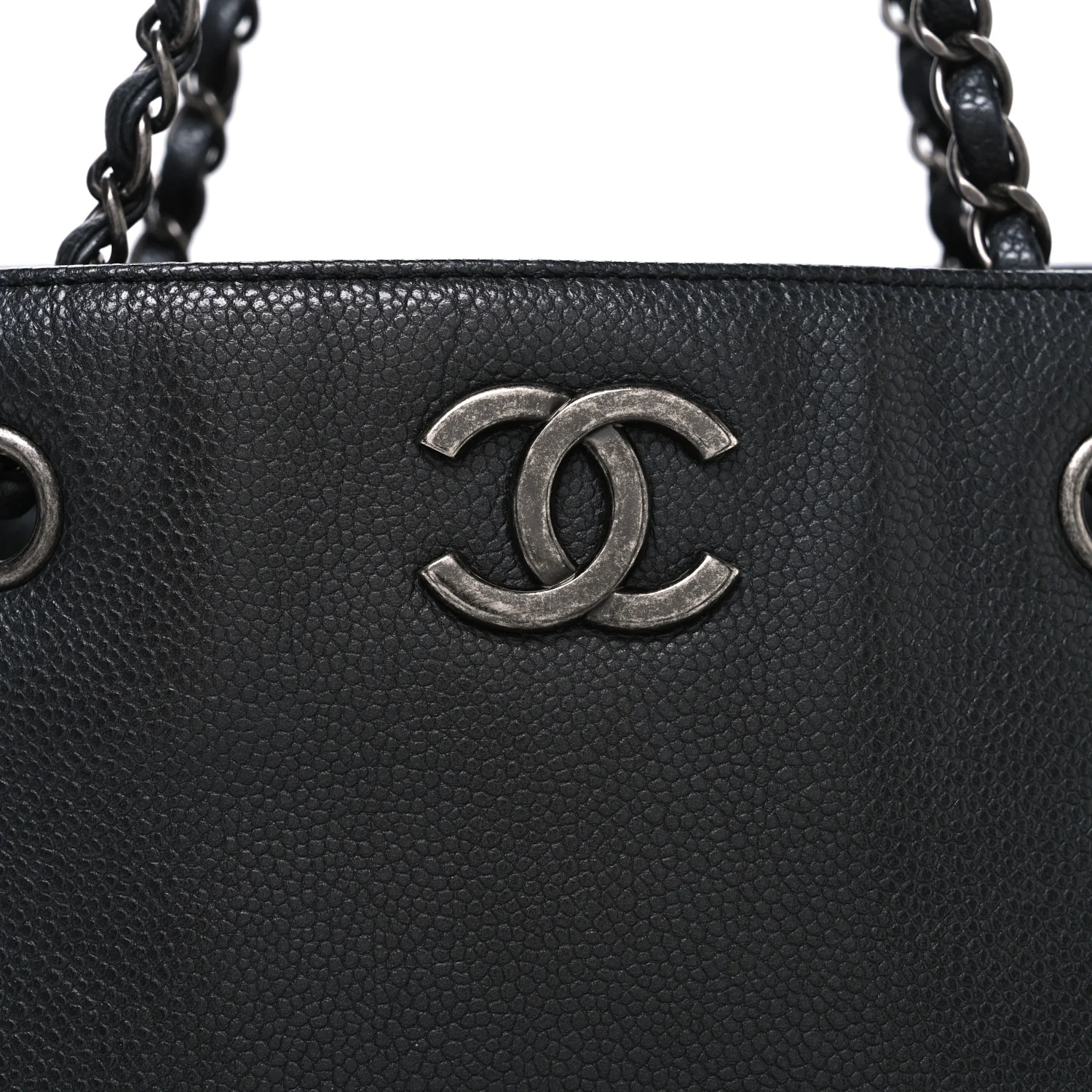 Metallic Grained Calfskin Medium Woven Chain Shopping Bag Black - Top Club