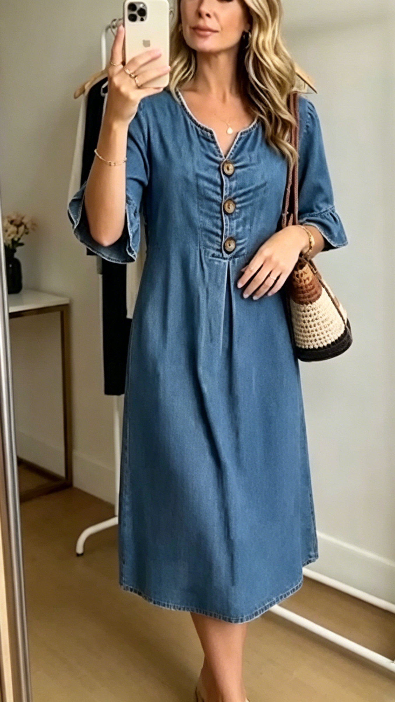 Women's Cotton-Linen Dress with V-Neck, Large Buttons, and Ruffled Sleeves - Nordfashionstorm - Women's Clothing, Fashion for You - Nordfashionstorm.com
