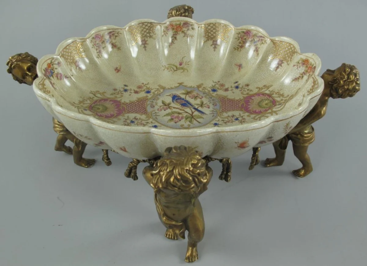 Art Nouveau porcelain bowl with 4 decorative angel figures cream / multicolored / brass 40 x 30 x H. 17 cm - Baroque & Art Nouveau decorative accessories