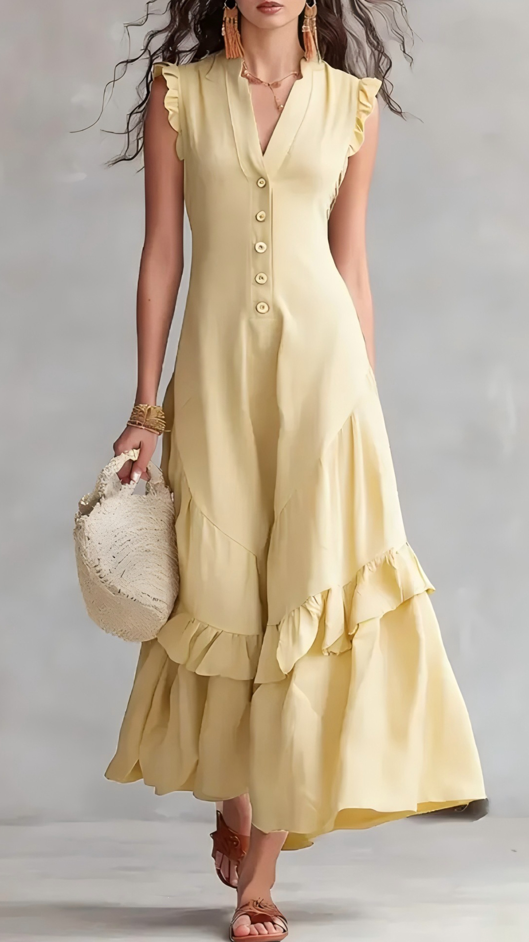 Women's Cotton-Blend Light Blue V-Neck Ruffle Sleeveless Dress - Nordfashionstorm - Women's Clothing, Fashion for You - Nordfashionstorm.com