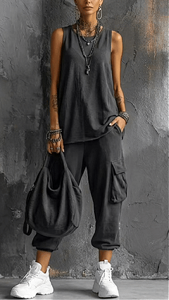 Women's Dark Grey Sleeveless Cargo Cropped Two-Piece Outfit - Nordfashionstorm - Women's Clothing, Fashion for You - Nordfashionstorm.com