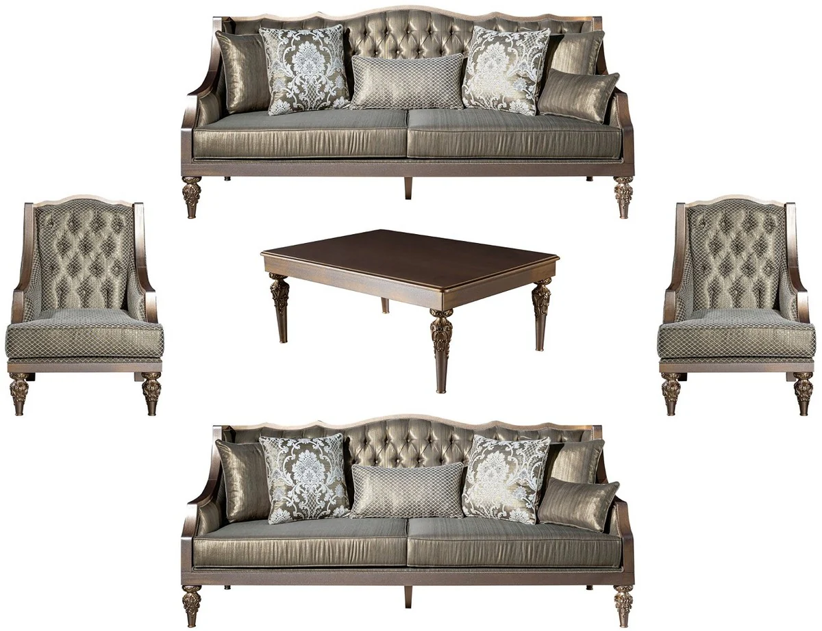 Luxury Baroque Living Room Set Green / Silver / Copper / Gold - 2 Sofas & 2 Armchairs & 1 Coffee Table - Living Room Furniture in Baroque Style - Noble & Magnificent
