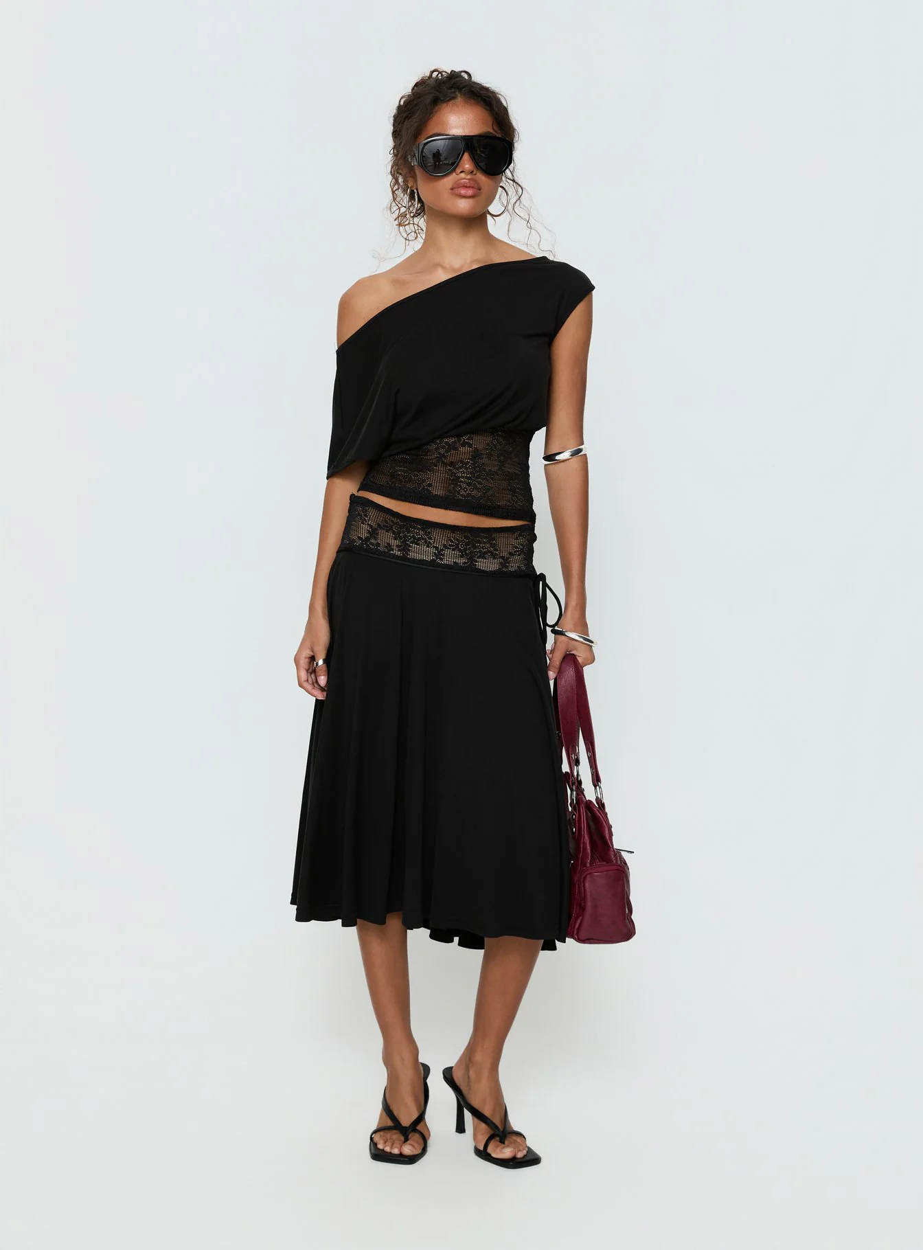 Marienna One Shoulder Lace Top Black