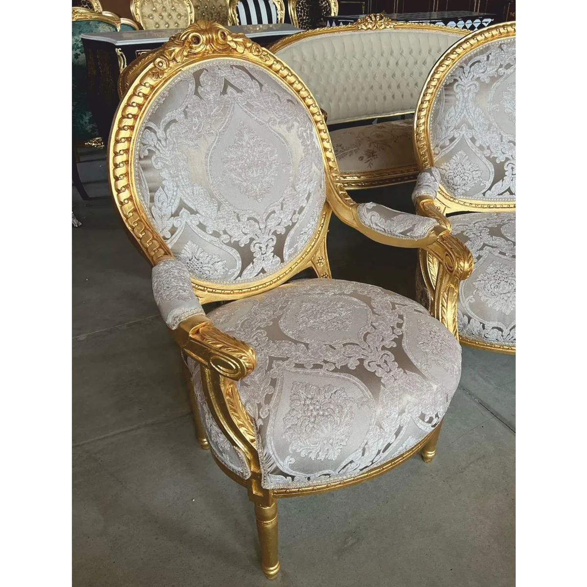 Barock Medaillon Salon Stuhl Grau / Gold H. 100 cm - Barock Möbel