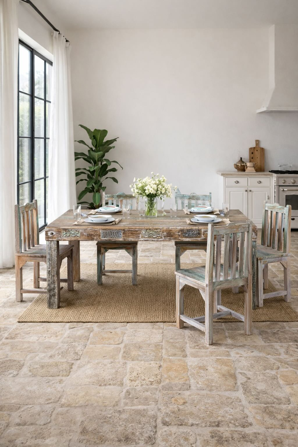 Ayla – Vintage eettafel set met zes stoelen