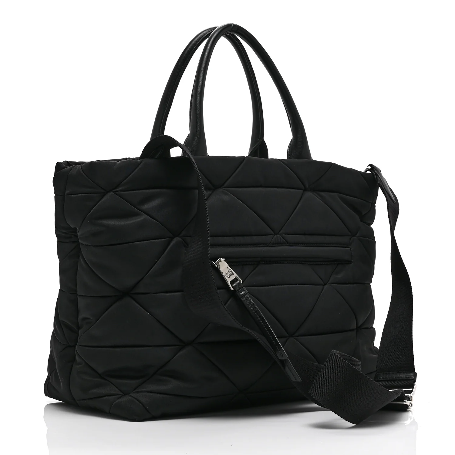 Re-Nylon Nappa Triangle Quilted Padded Medium Double Handled Zip Tote Black - Top Club