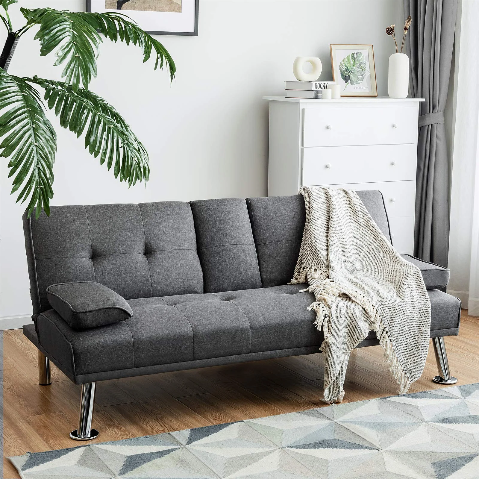 BEFOUNDLOVELY Convertible Futon Sofa Bed with Adjustable Backrest & Removable Armrests, 2 Cup Holders