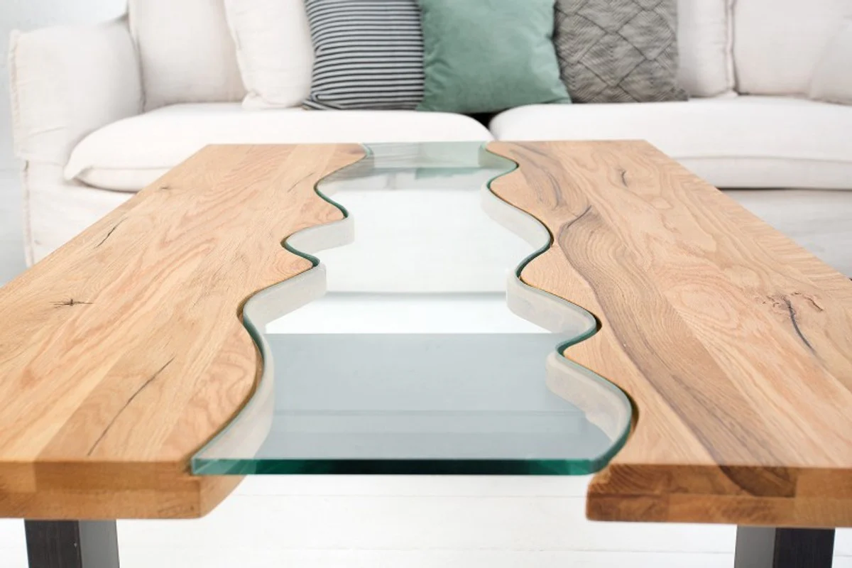 Designer solid wood wild oak coffee table with safety glass natural 115cm x H. 45cm - salon living room table