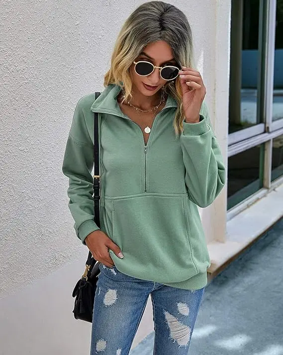 PrettyGarden Women's Casual Long Sleeve Lapel Zipper Sweatshirt Drawstring Loose Pullover Tops Fall Sweater-Womenswear Cotton Fabric