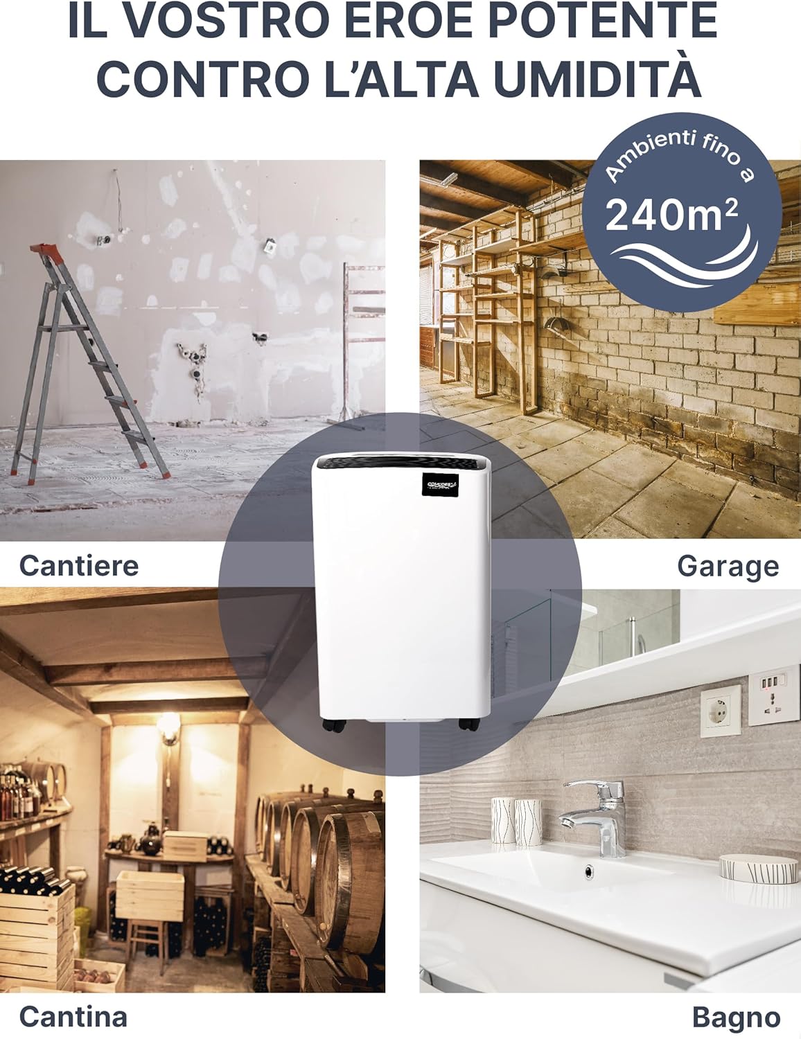 Deumidificatore Comedes Demecto 70 (max. 75 litri / 24h) Adatto per locali e cantine fino a 240m² / 550m³.