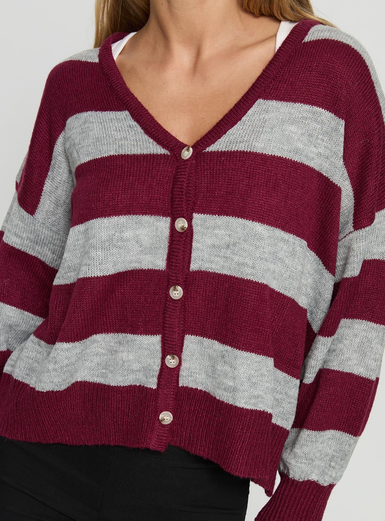 Devvon V Neck Knit Cardigan Red Stripe