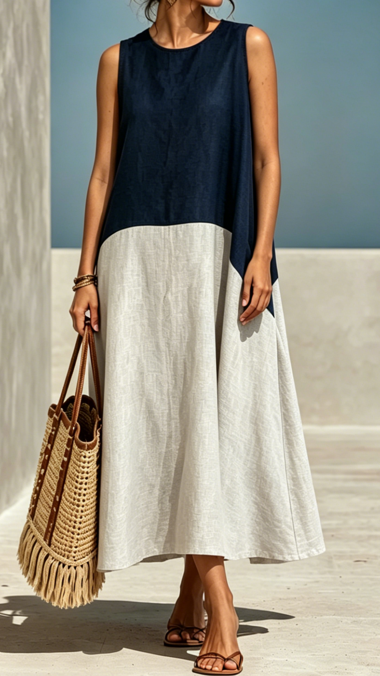 Women's Round-Neck, Color-Block, Loose-Fit, Longline Cotton-Linen A-Line Sundress - Nordfashionstorm - Women's Clothing, Fashion for You - Nordfashionstorm.com