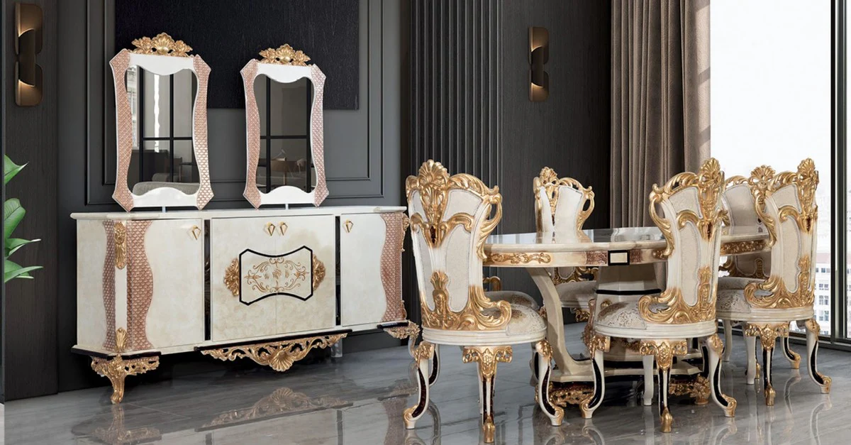 Luxury Baroque Dining Room Set Cream / White / Gold - 1 Baroque Dining Table & 6 Baroque Dining Chairs - Baroque Dining Room Furniture - Luxury Furniture in Baroque Style - Noble & Magnificent