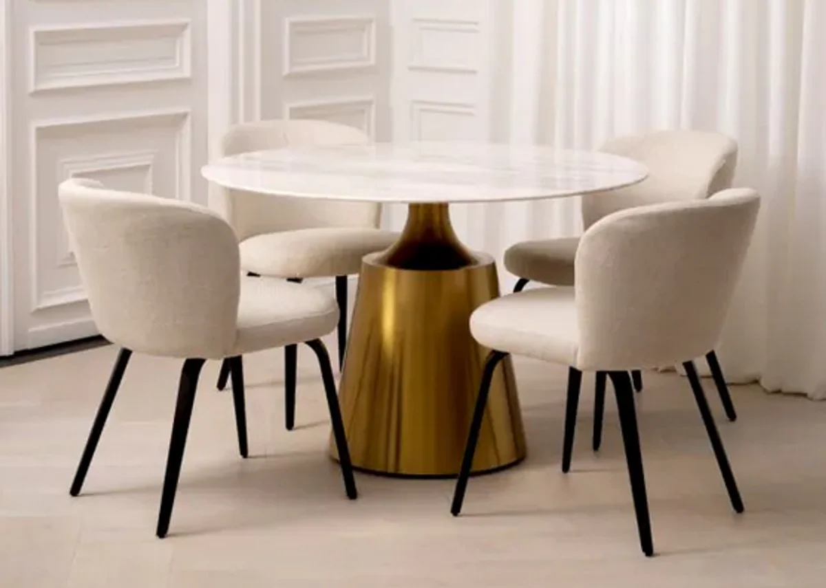 Luxury dining table white / brass colored Ø 120 x H. 77 cm - Round marble kitchen table - Luxury dining room furniture