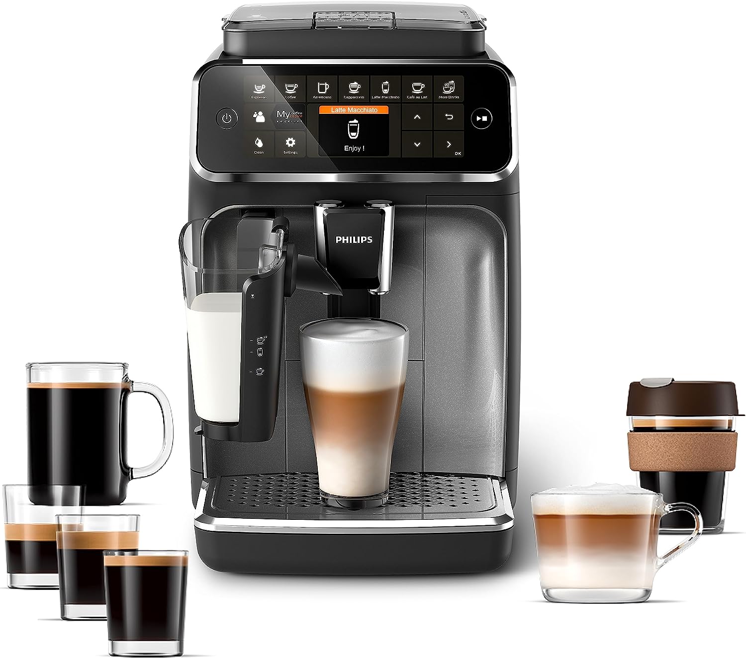 PHILIPS 4300 Series Fully Automatic Espresso Machine - LatteGo Milk Frother, 8 Types of Coffee, Intuitive Touch Display, Black, (EP4347/94)