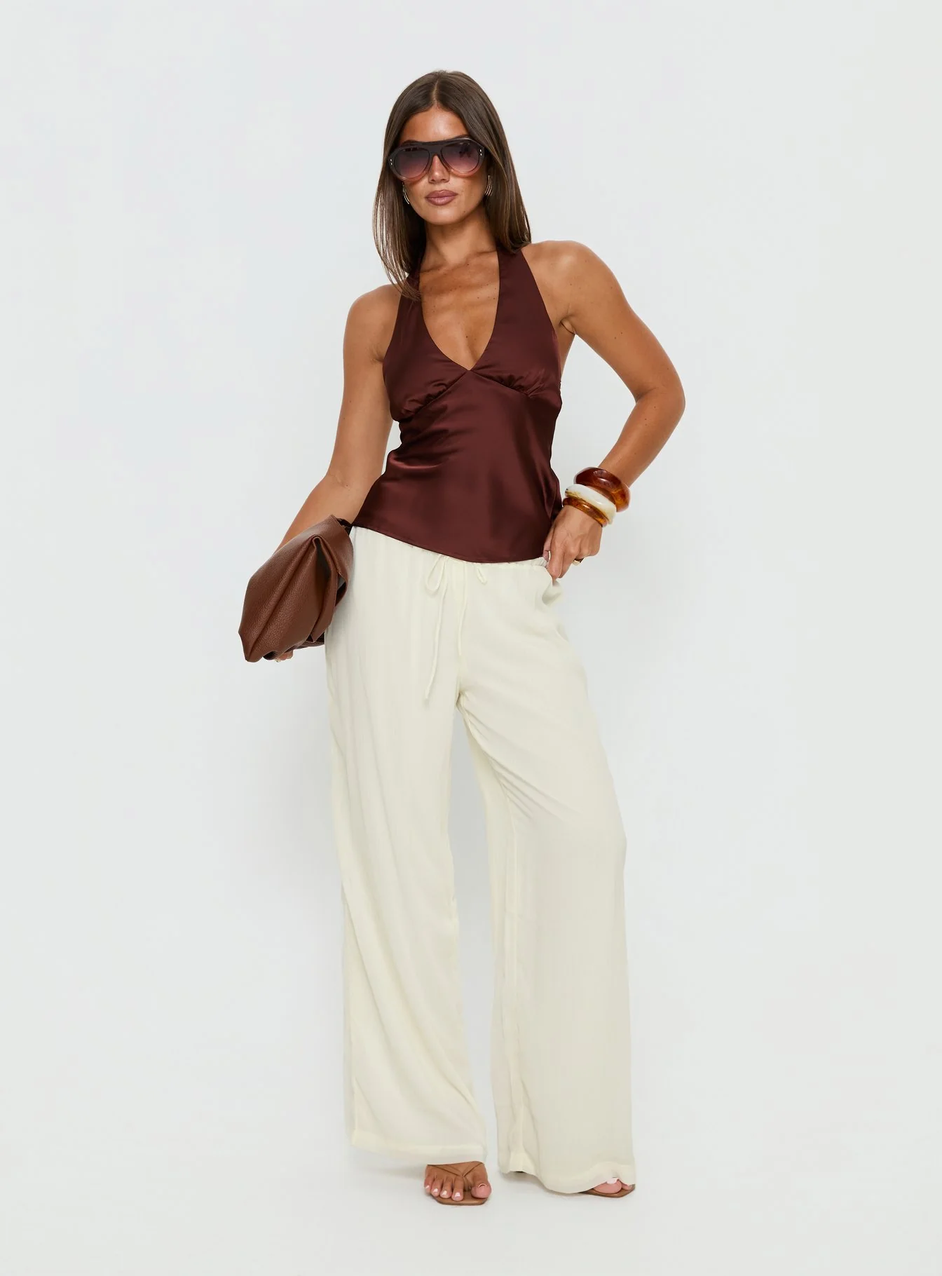 Remarkable Satin Plunge Neck Top Chocolate