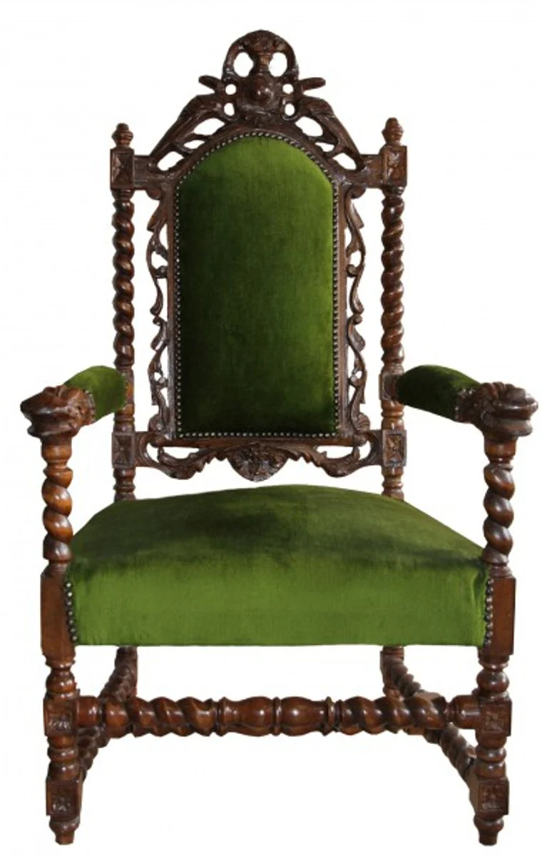 Baroque throne armchair green / mahogany - Baroque furniture Tron king armchair