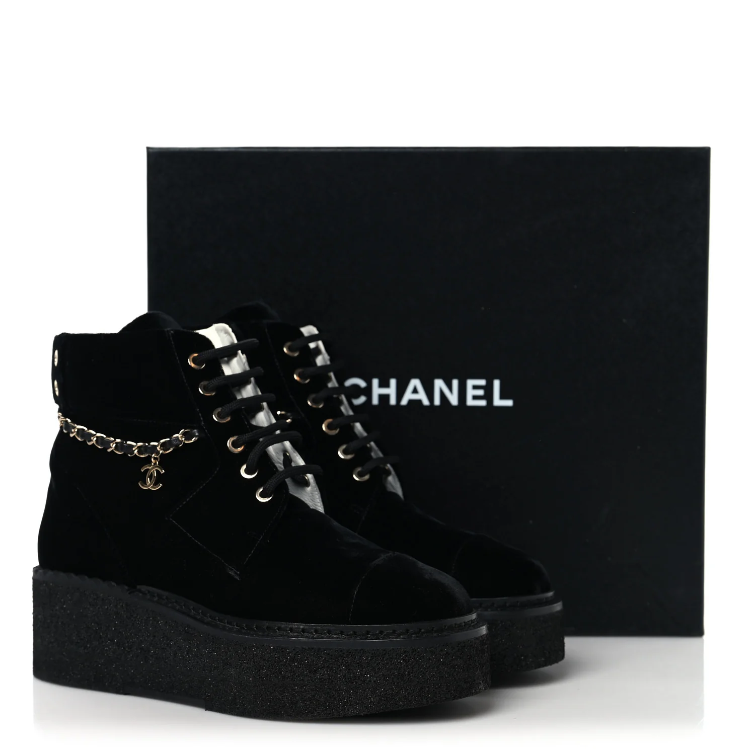 Velvet Chain Lace Up CC Short Boots 37 Black - Top Club