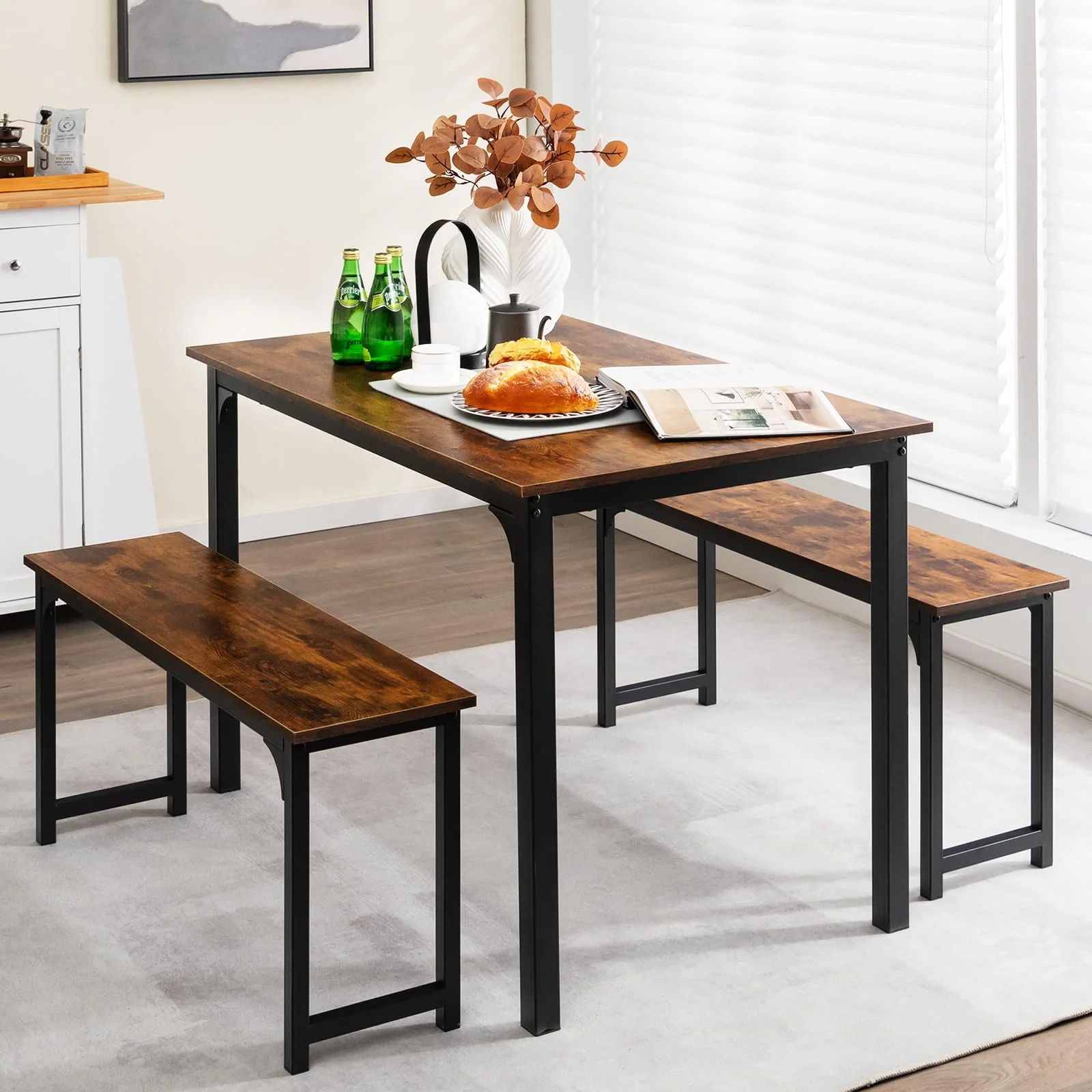 BEFOUNDLOVELY Dining Table Set for 4, 3-Piece Kitchen Table with 2 Benches