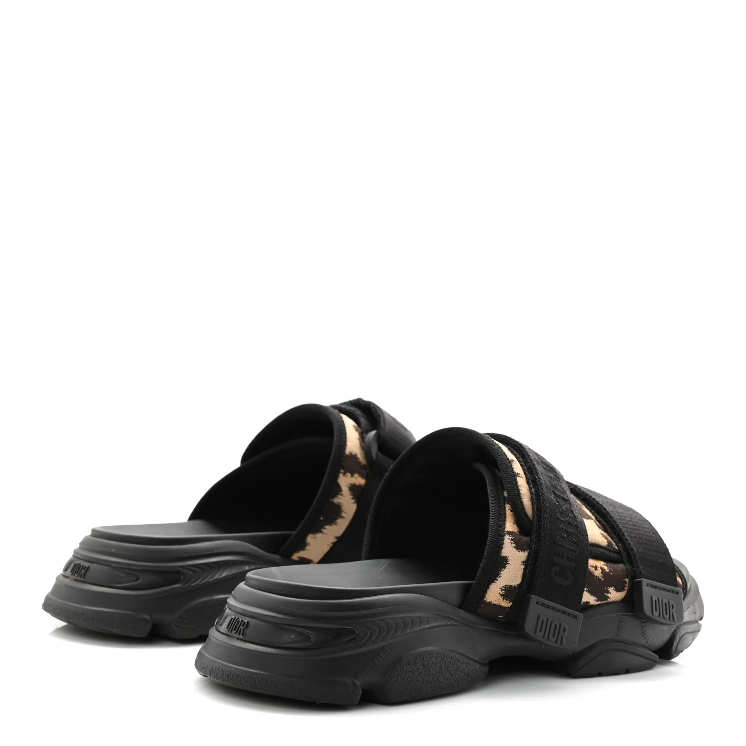 Technical Fabric Nylon Leopard Print D-Wander Slide Sandals 39 Black Brown - Top Club