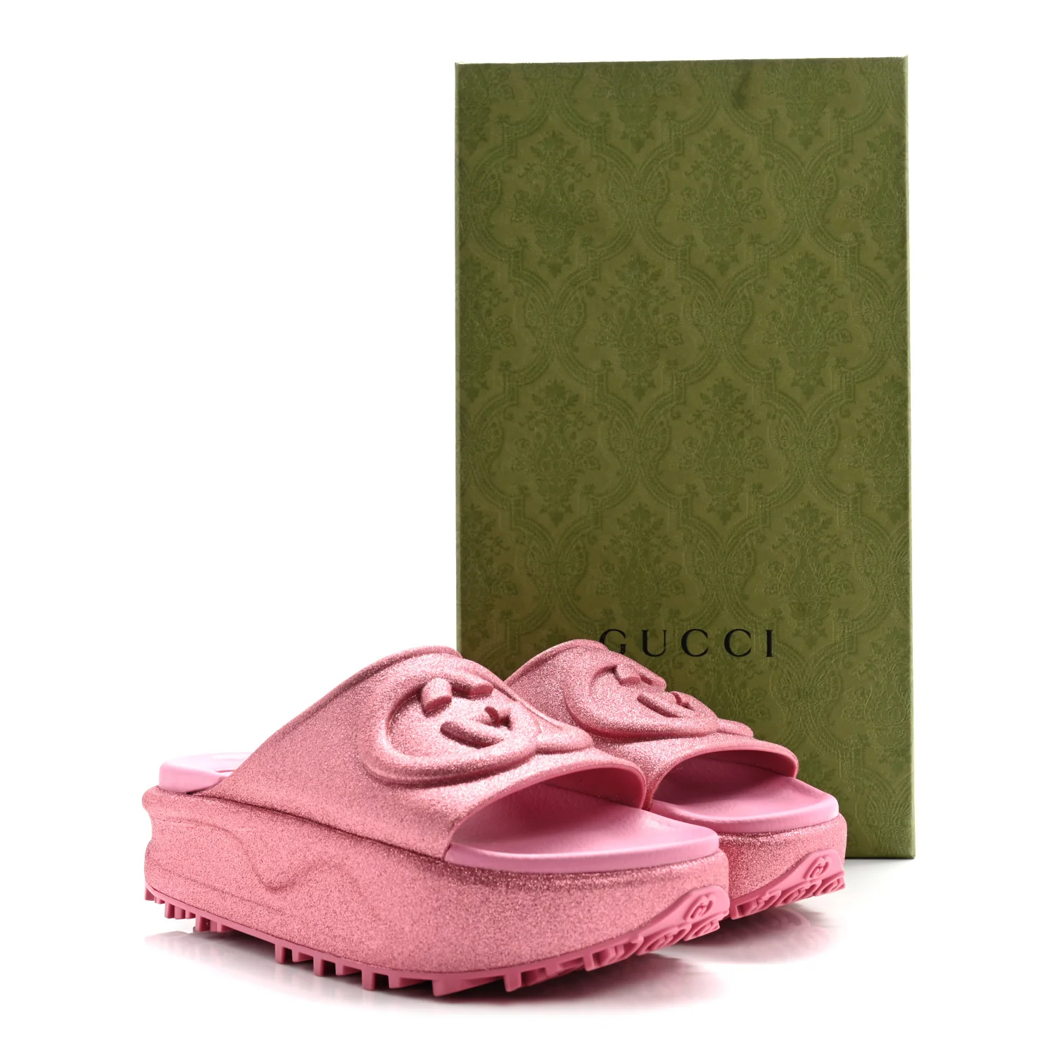 Glitter Rubber Womens Interlocking G Platform 42mm Slide Sandals 36 Rose - Top Club