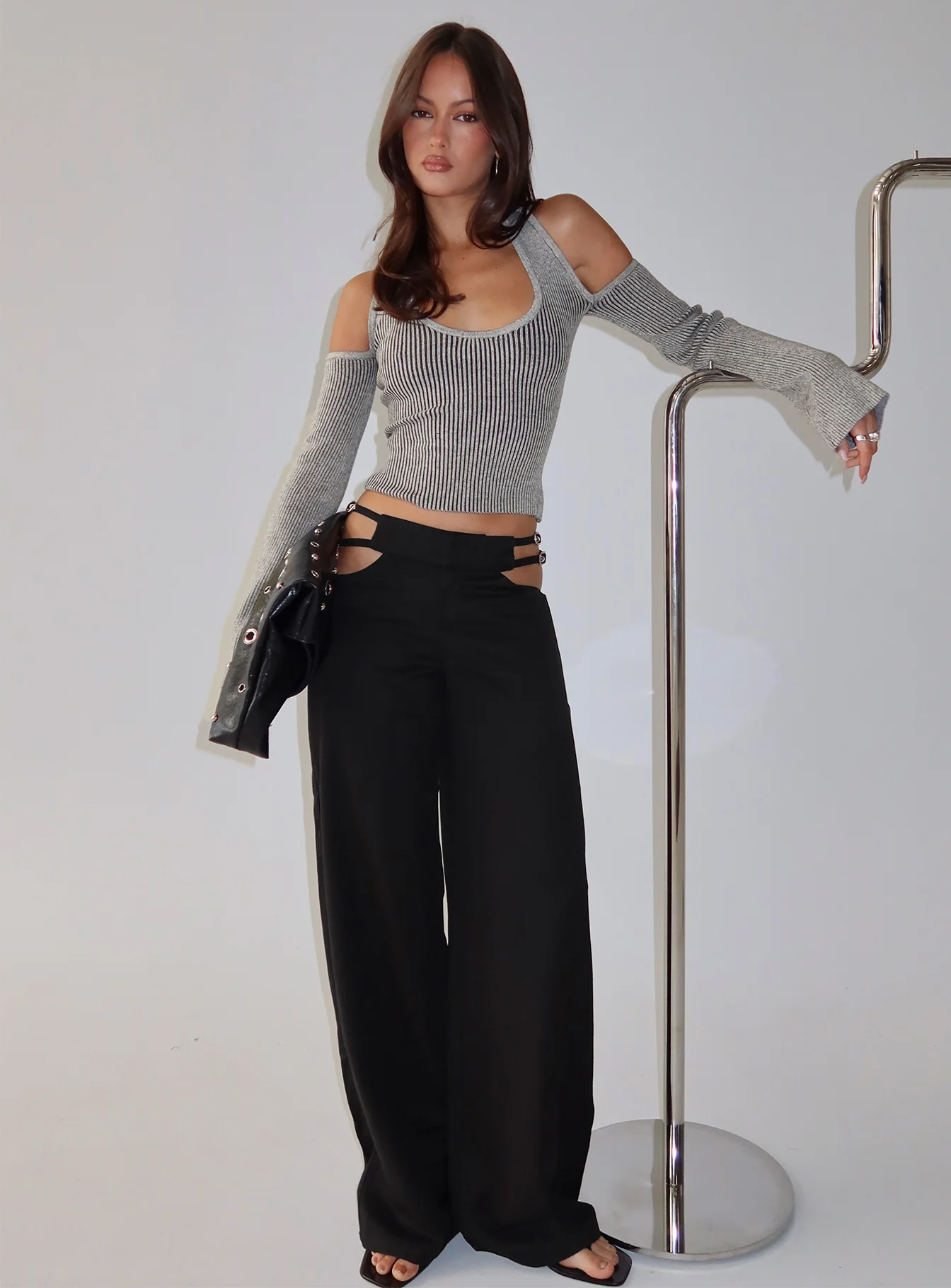 Novelia Halter Long Sleeve Top Black / Grey