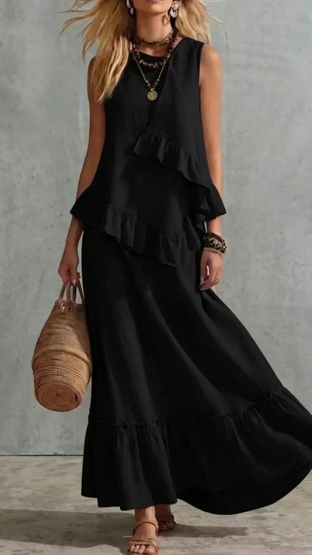 Women's Cotton-Blend Ruffled Sleeveless Maxi Dress - Nordfashionstorm - Women's Clothing, Fashion for You - Nordfashionstorm.com