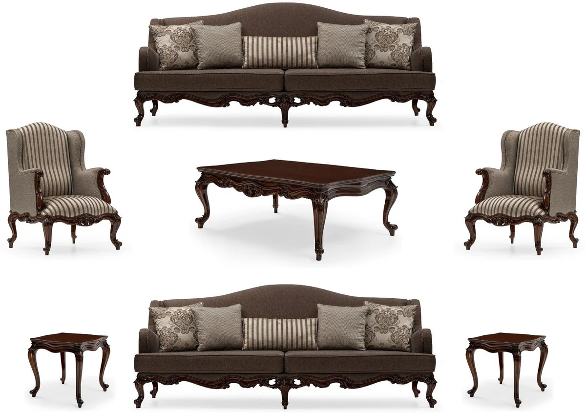 Luxury Baroque Living Room Set Gray / Silver / Brown - 2 Sofas & 2 Armchairs & 1 Coffee Table & 2 Side Tables - Handcrafted Living Room Furniture in Baroque Style - Noble & Magnificent