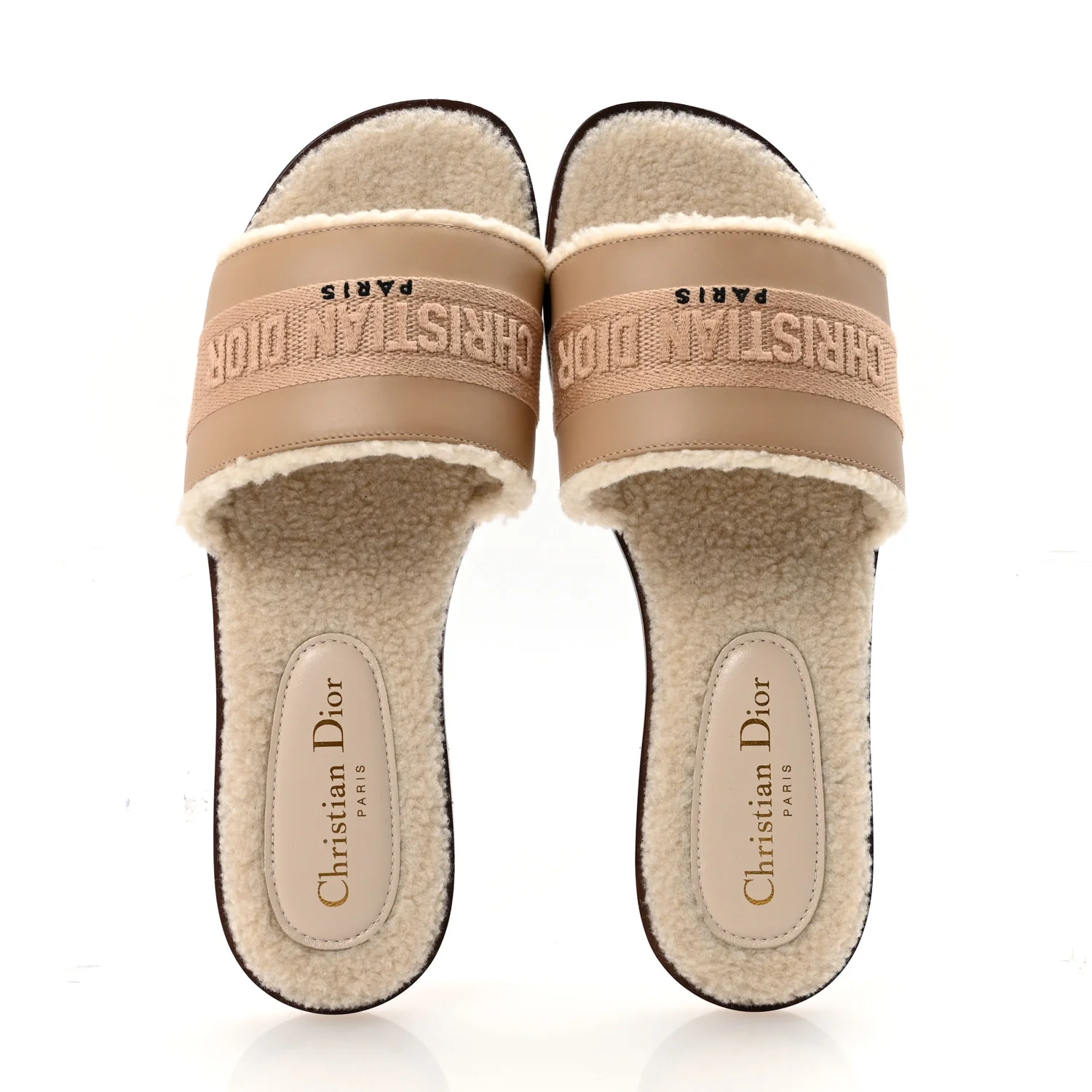 Suede Goatskin Shearling Embroidered Dway Slide Sandals 38 Cookie