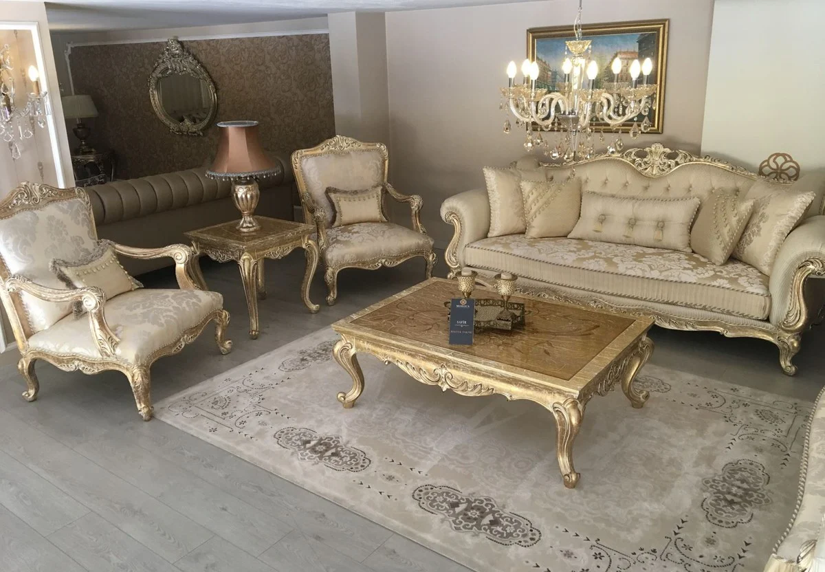 Luxury Baroque Living Room Set Gold / Antique Gold - 2 Sofas & 2 Armchairs & 1 Coffee Table & 2 Side Tables - Handcrafted Living Room Furniture in Baroque Style - Noble & Magnificent