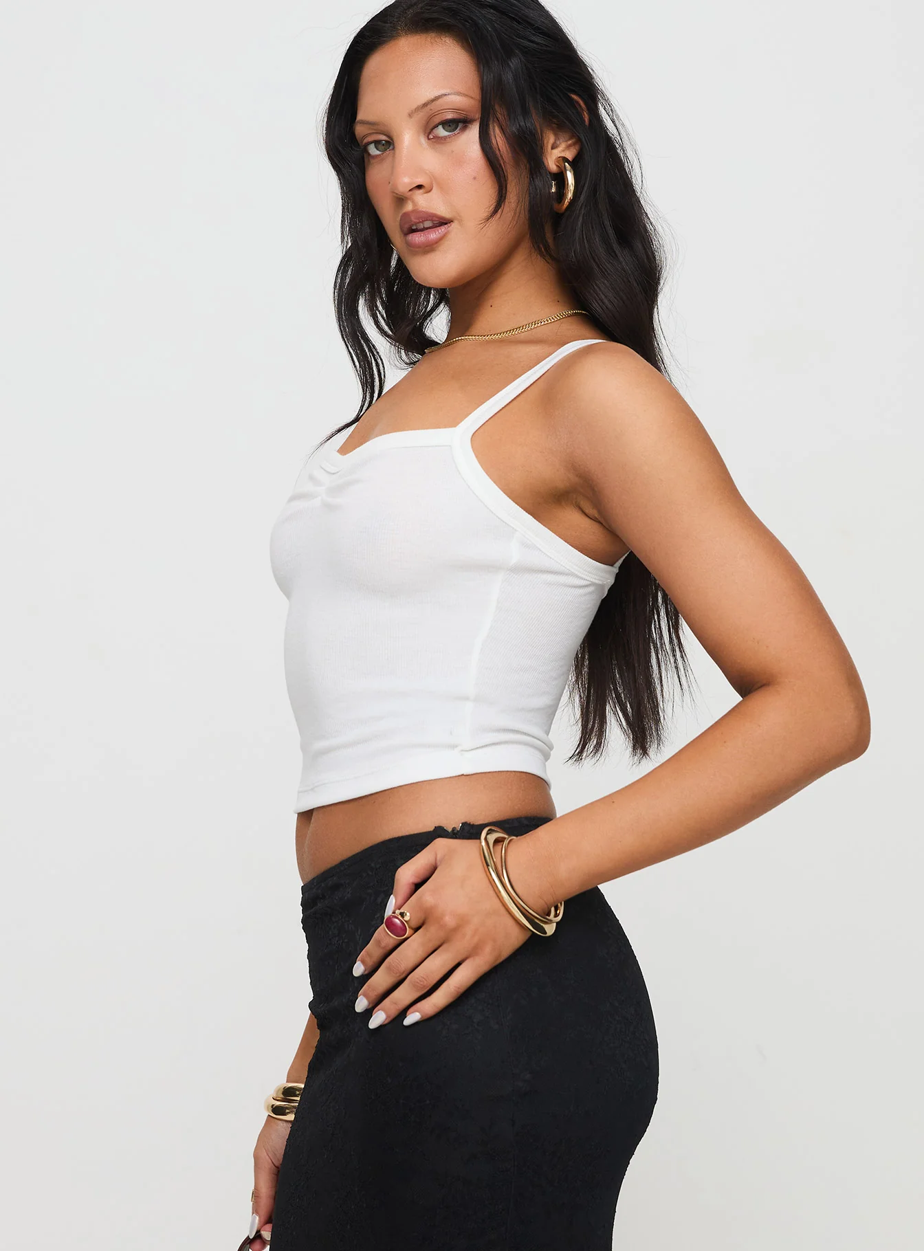 Essentials Ruched Rib Cami Top White