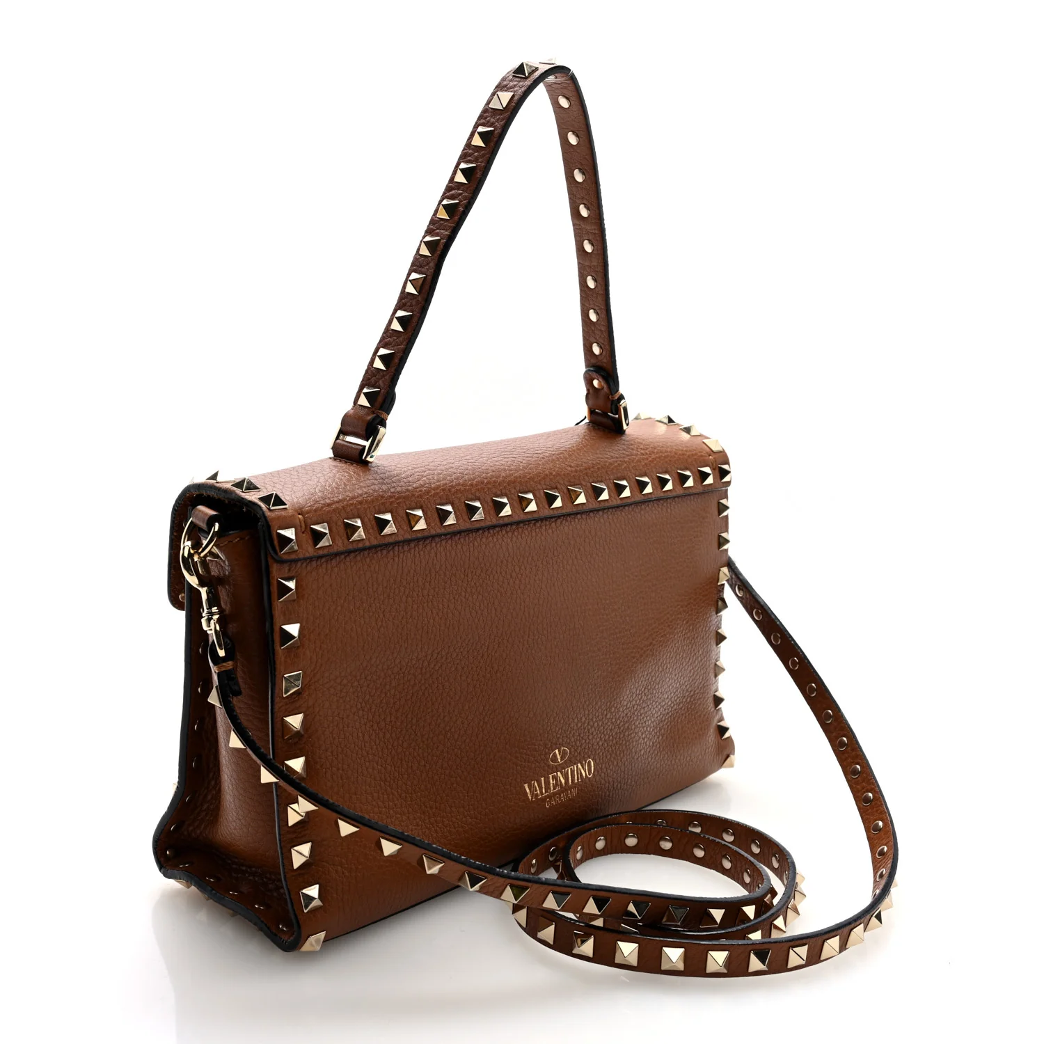 Pebbled Calfskin Rockstud Flip Lock Top Handle Bag Cognac - Top Club