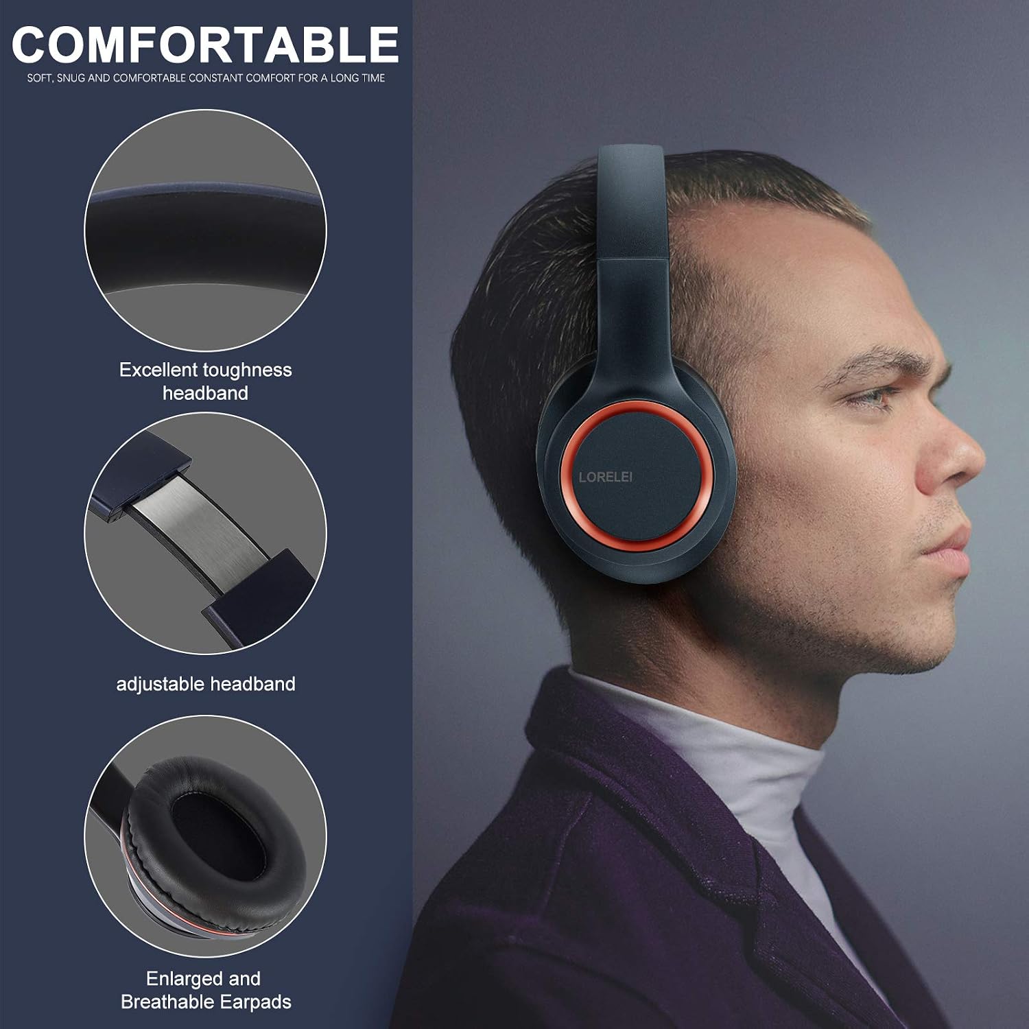 LORELEI X8 Over-Ear Wired Headphones with Microphone, 1.45m Tangle-Free Nylon Cable & 3.5mm Plug, Lightweight Foldable & Portable Headphones for Smartphone, Tablet, Computer, Mp3/4 (Dark Blue)