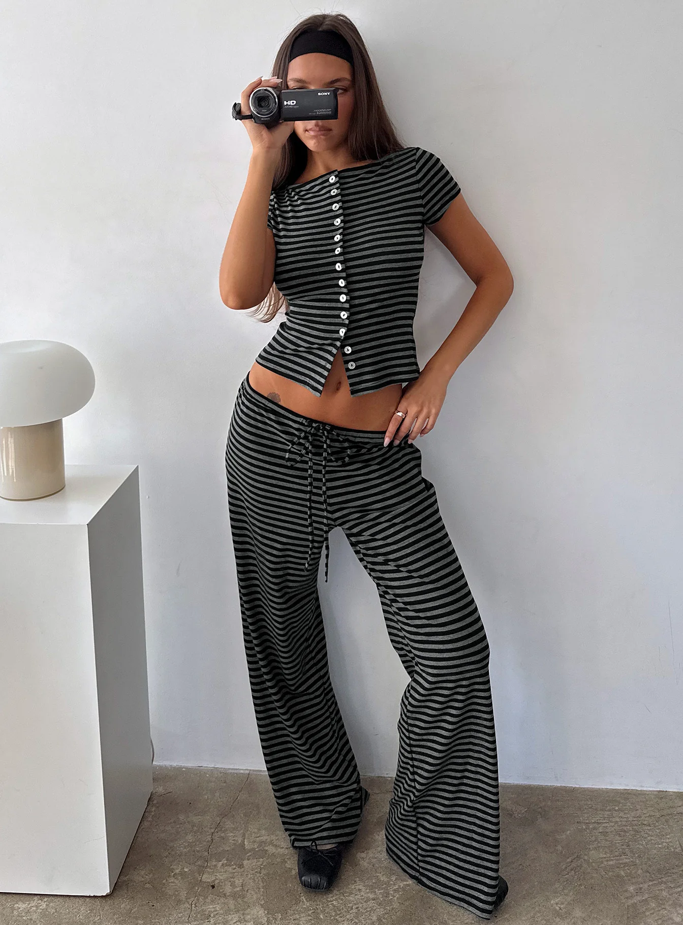 Angellina Jersey Button Down Top Stripe