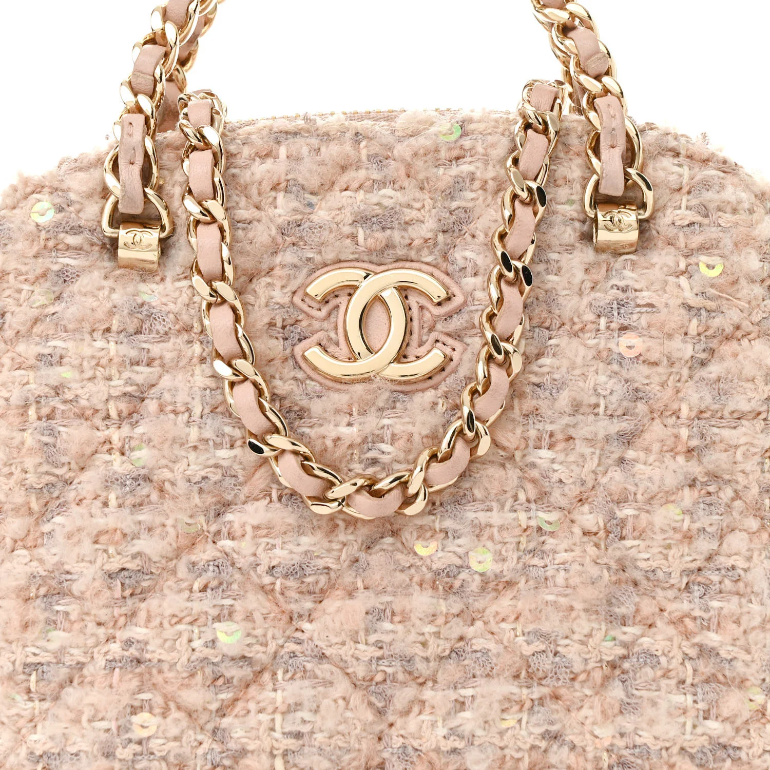 Cotton Wool Tweed Sequin Quilted Shiny Coco Clutch With Chain Light Pink Beige Ecru - Top Club