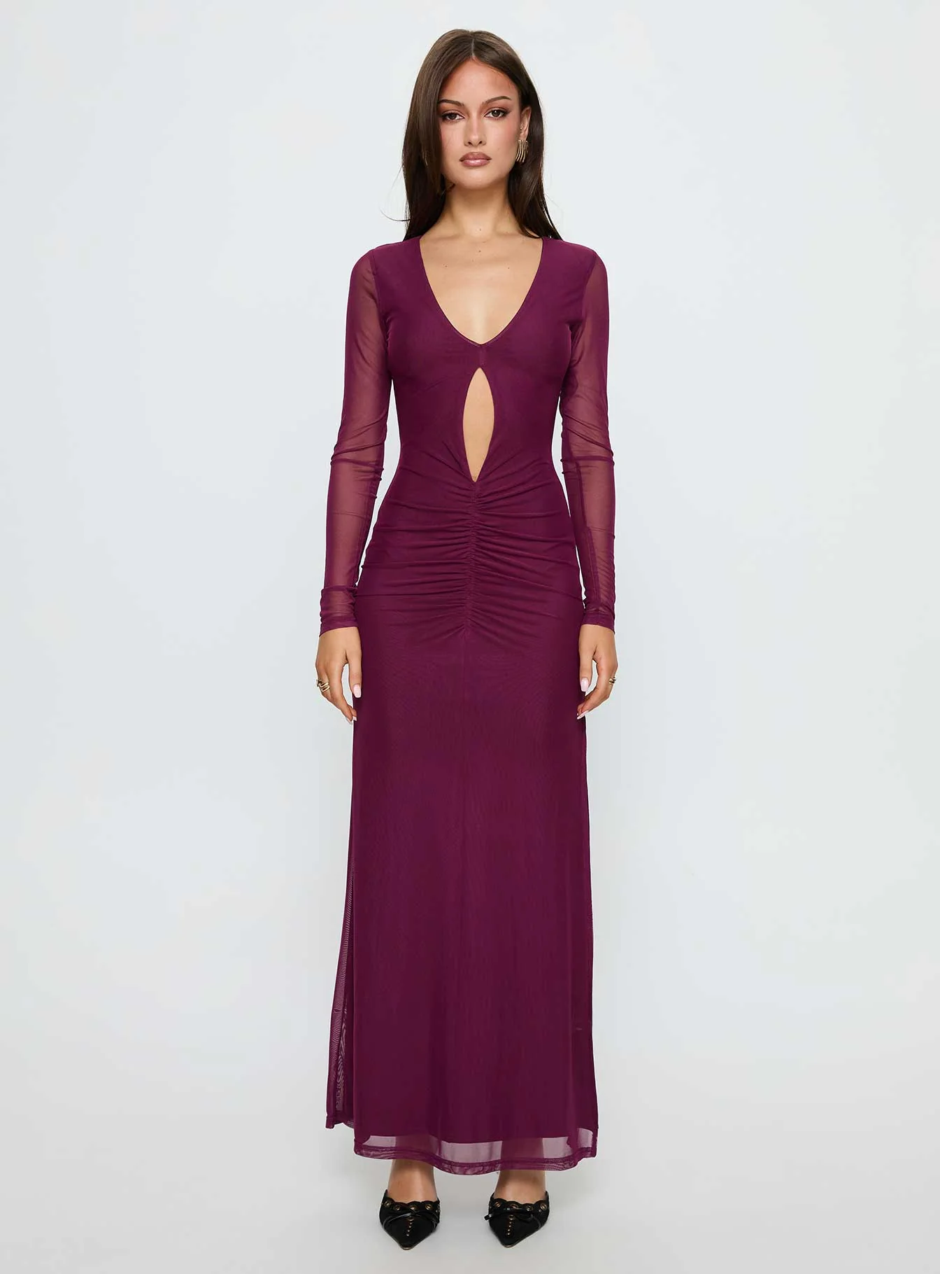Darkside Long Sleeve Cut Out Plunge Maxi Dress Plum