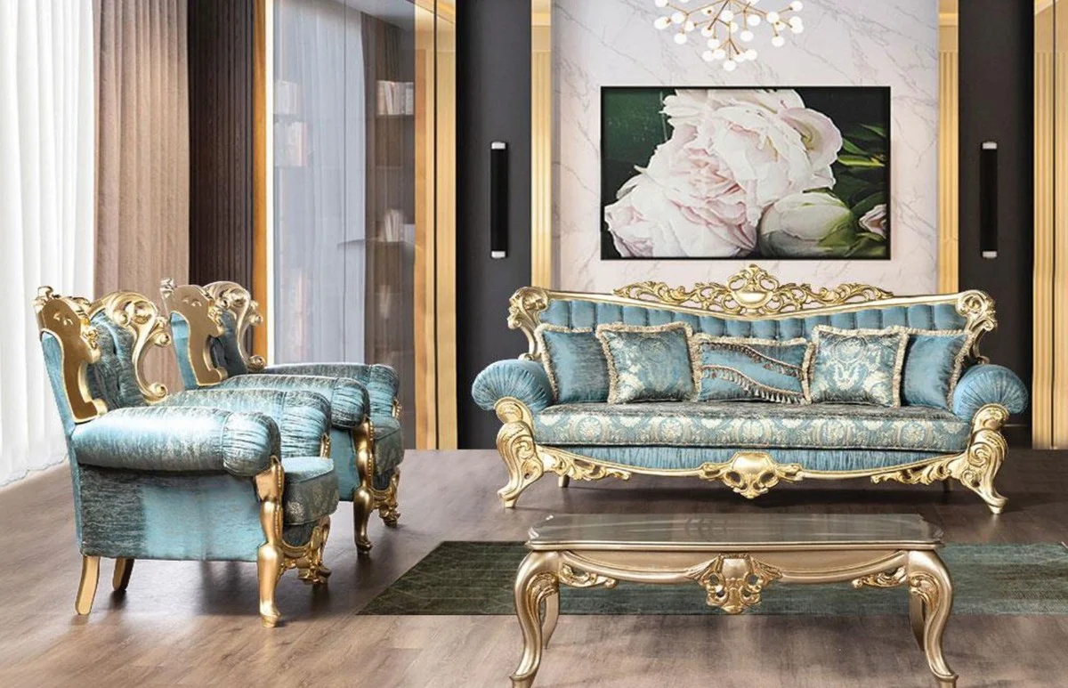 Luxury baroque living room set turquoise / gold - 2 baroque sofas with pattern & 2 baroque armchairs with pattern & 1 baroque coffee table - baroque living room furniture
