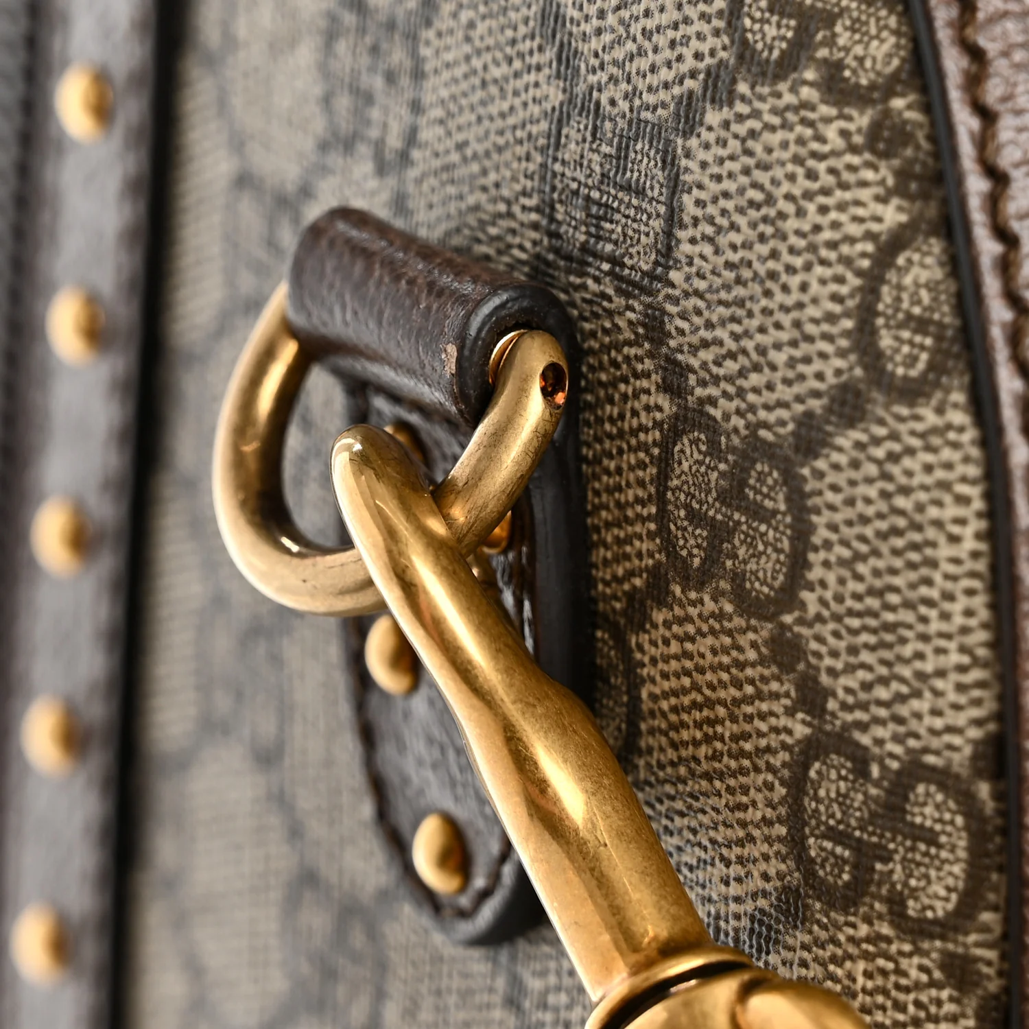 GG Supreme Monogram Textured Dollar Calfskin Web Studded Large Savoy Duffle Bag Beige Ebony - Top Club