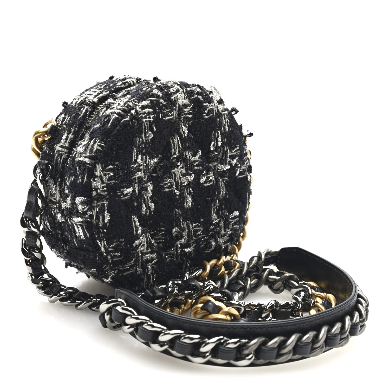 Tweed Quilted 19 Round Clutch With Chain Black White - Top Club