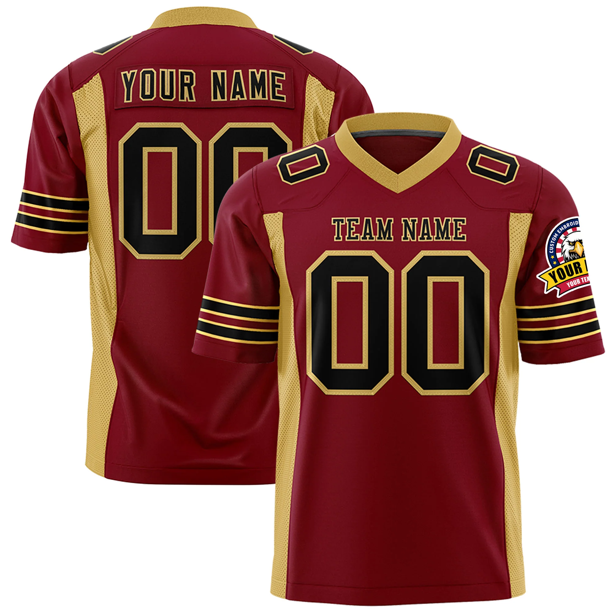 Custom Crimson Black-Gold Mesh Drift Fashion Football Jersey