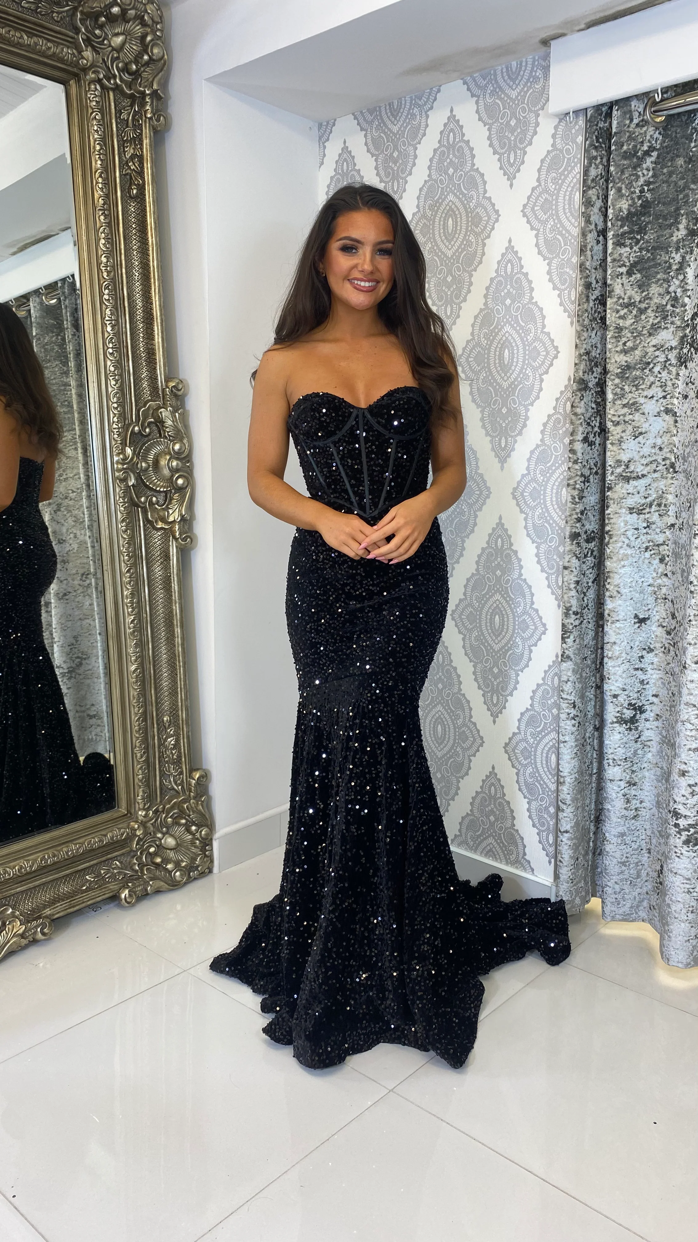 Black Sequin Corset Strapless Evening Gown