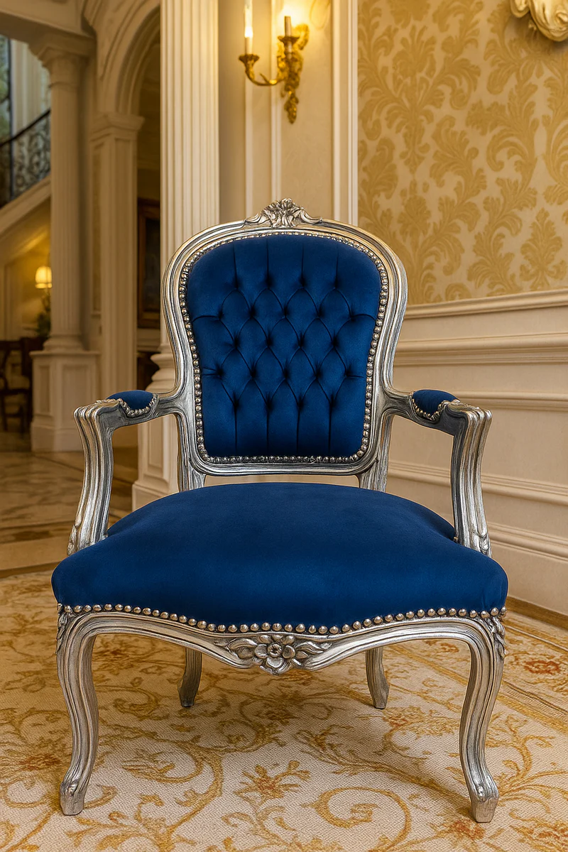 Baroque salon chair blue / silver H. 95 cm - Baroque style furniture