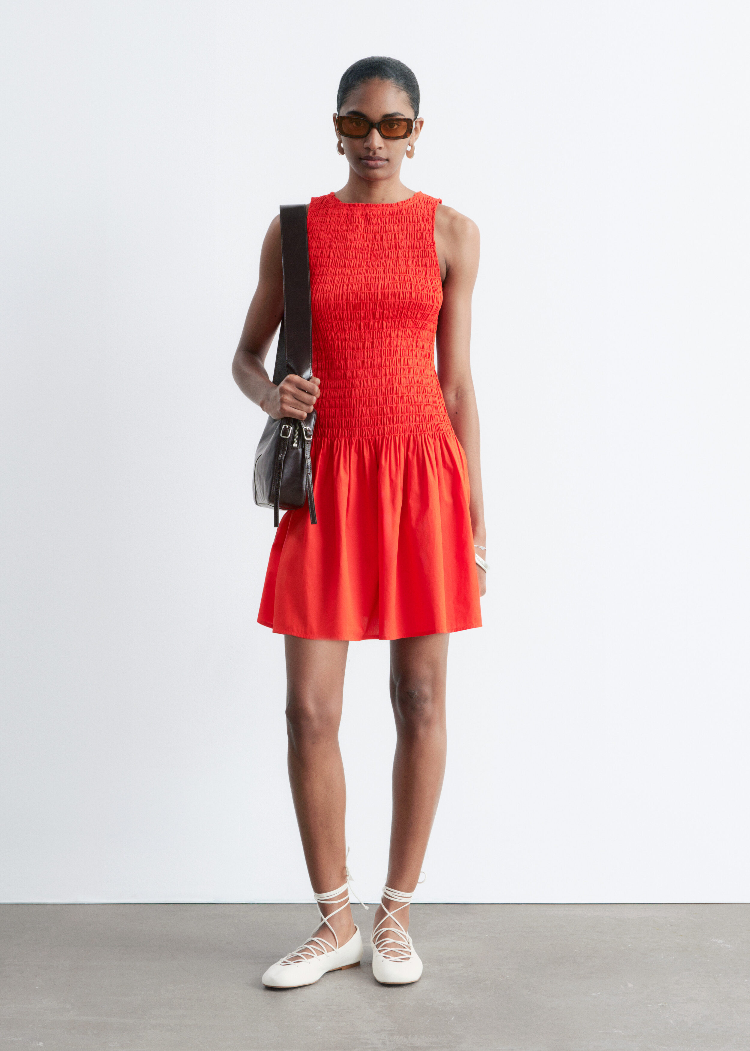 & Other Stories SMOCKED COTTON POPLIN MINI DRESS