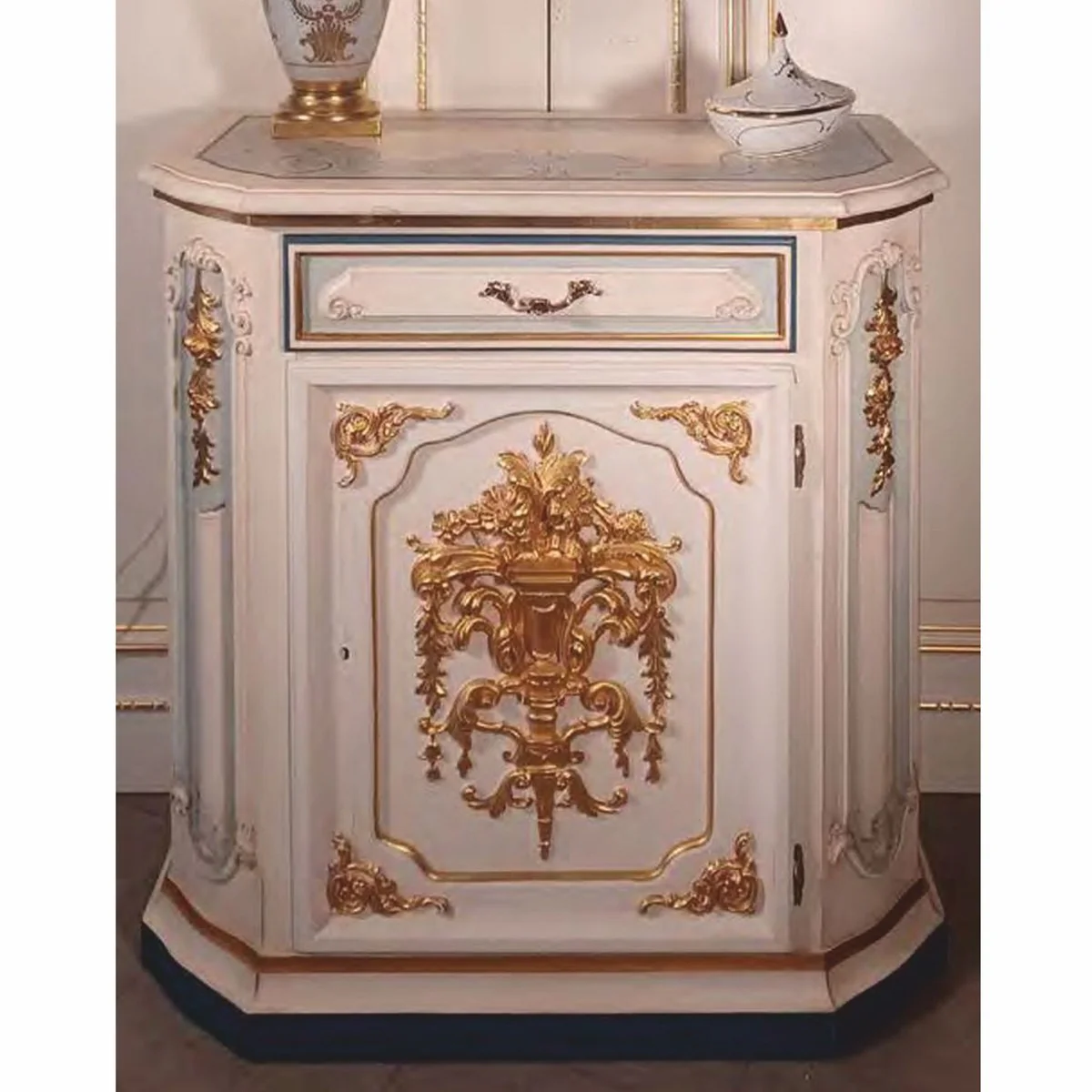 Luxury baroque night dresser white / light blue / gold H. 89 cm - Made in Italy